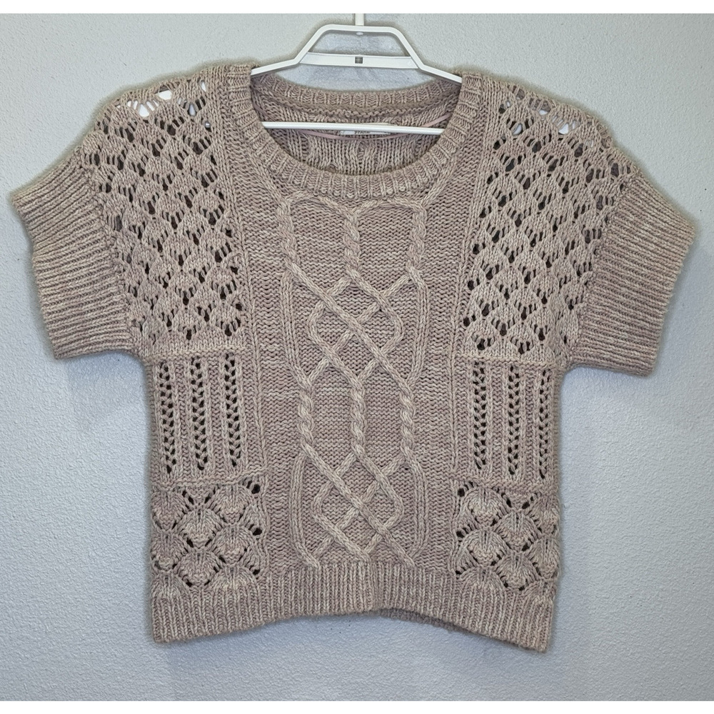 Prana Cable‎ Knit Short Sleeve Sweater Womens Sz Small Pink Round Neck Open Knit